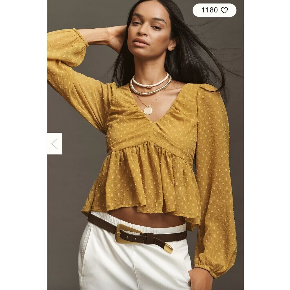 Anthropologie NWT Peplum Balloon Sleeve Blouse in Harvest Gold Medium